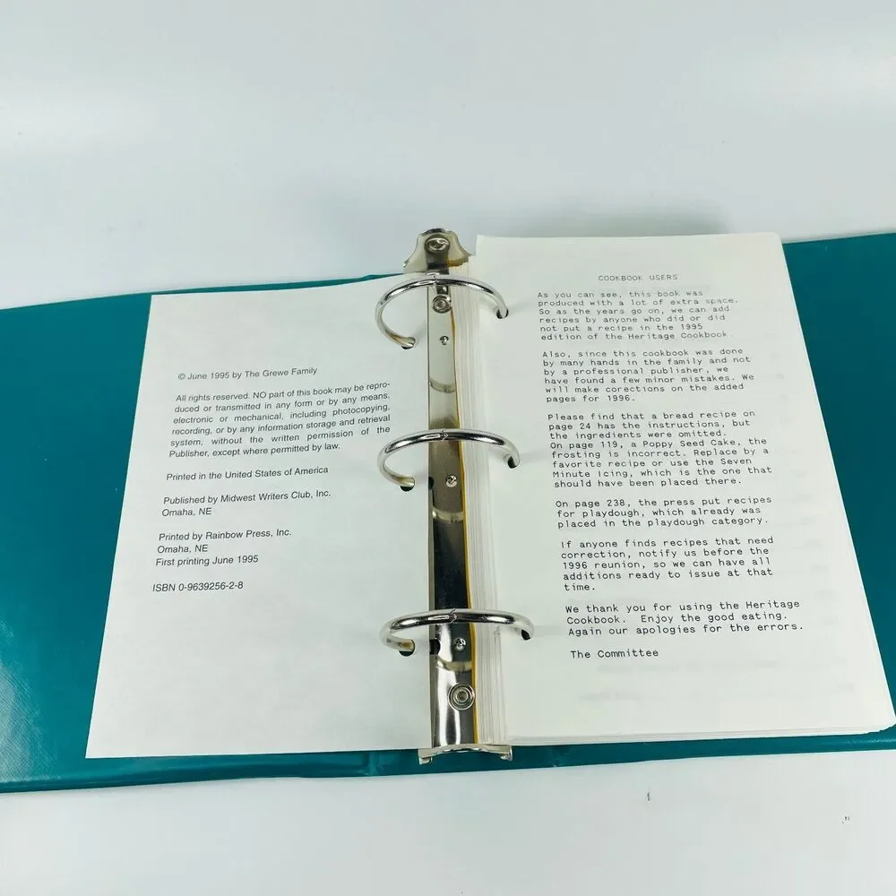 Grewe Heritage Family Cook Book 1995 130th Anniversary Loose Leaf Ring Bound